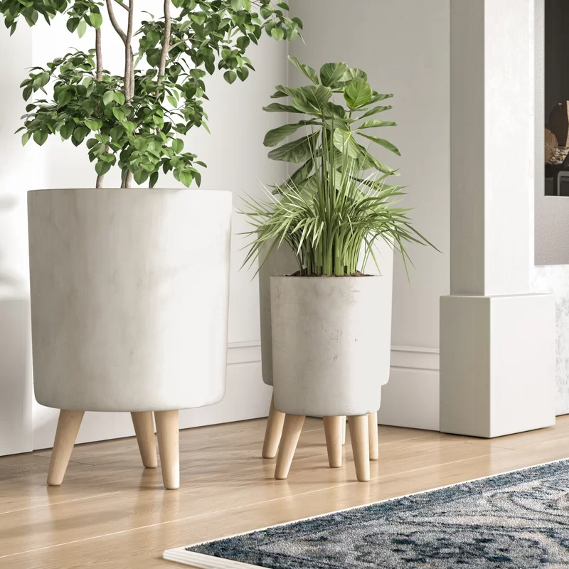 Set+of+3+contemporary+12+15+and+17+inch+round+grey+fiberclay+planters+with+wooden+legs